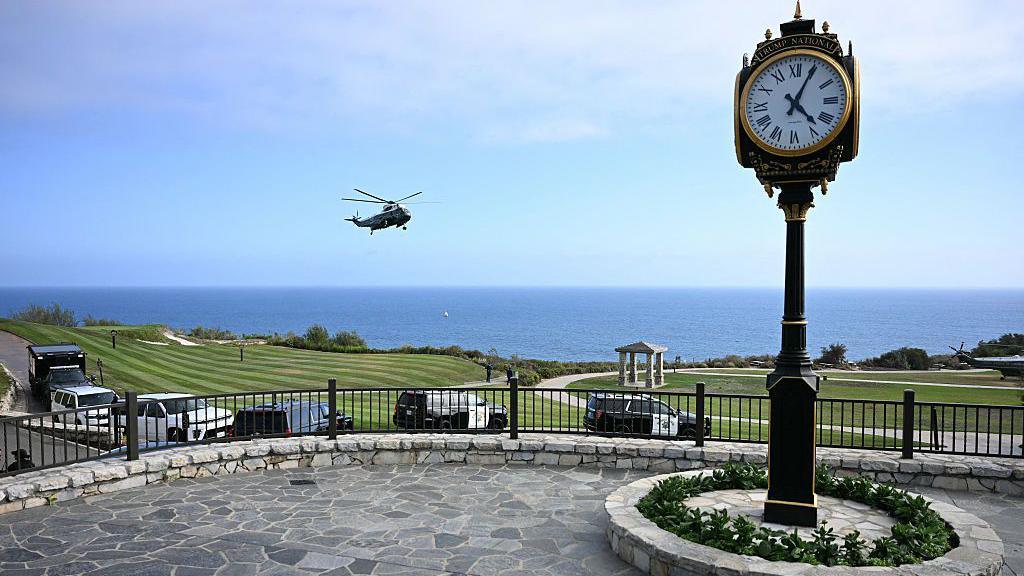 Image caption,Trump's White House helicopter seen landing at the California golf course on Tuesday