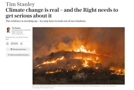 Tim Stanley’s recent column marked something of a departure for a paper better known for its climate scepticism.Photograph: Daily Telegraph