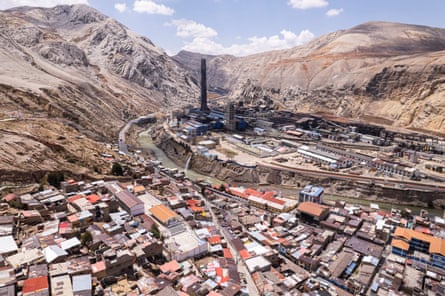 An aerial image of the Doe Run complex and the town of La Oroya in 2022.Photograph: Ernesto Benavides/AFP/Getty Images