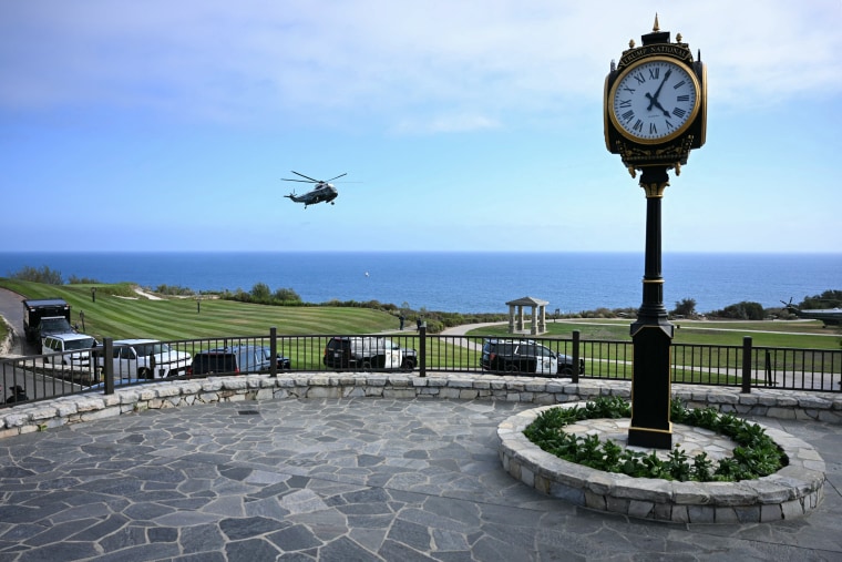 Marine One helicopters land near Trump National Golf Club Los Angeles in Rancho Palos Verdes, California, on Tuesday.Jim Watson / AFP via Getty Images