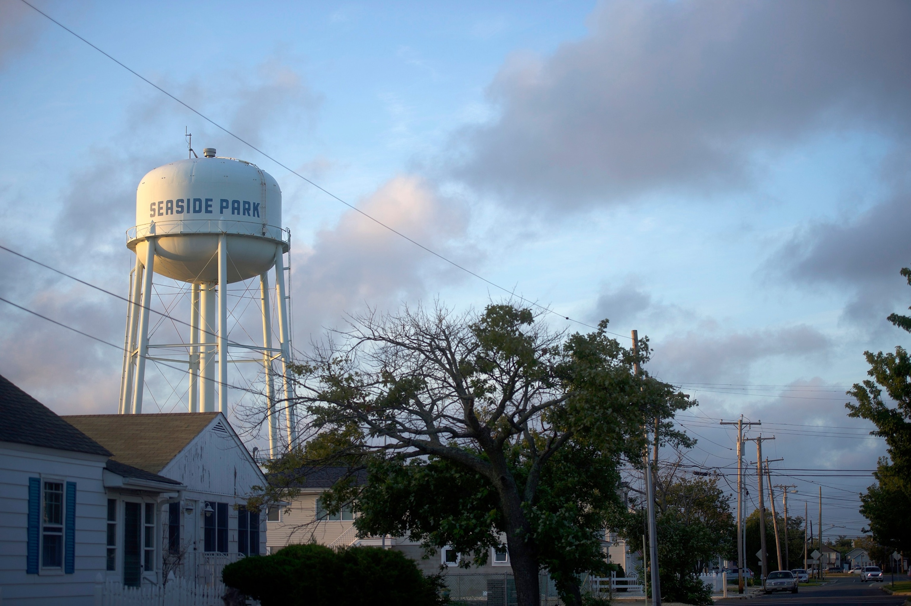 A water tower is illuminated at dusk, September 17, 2016 in Seaside Park, New Jersey.Mark Makela/Getty Images