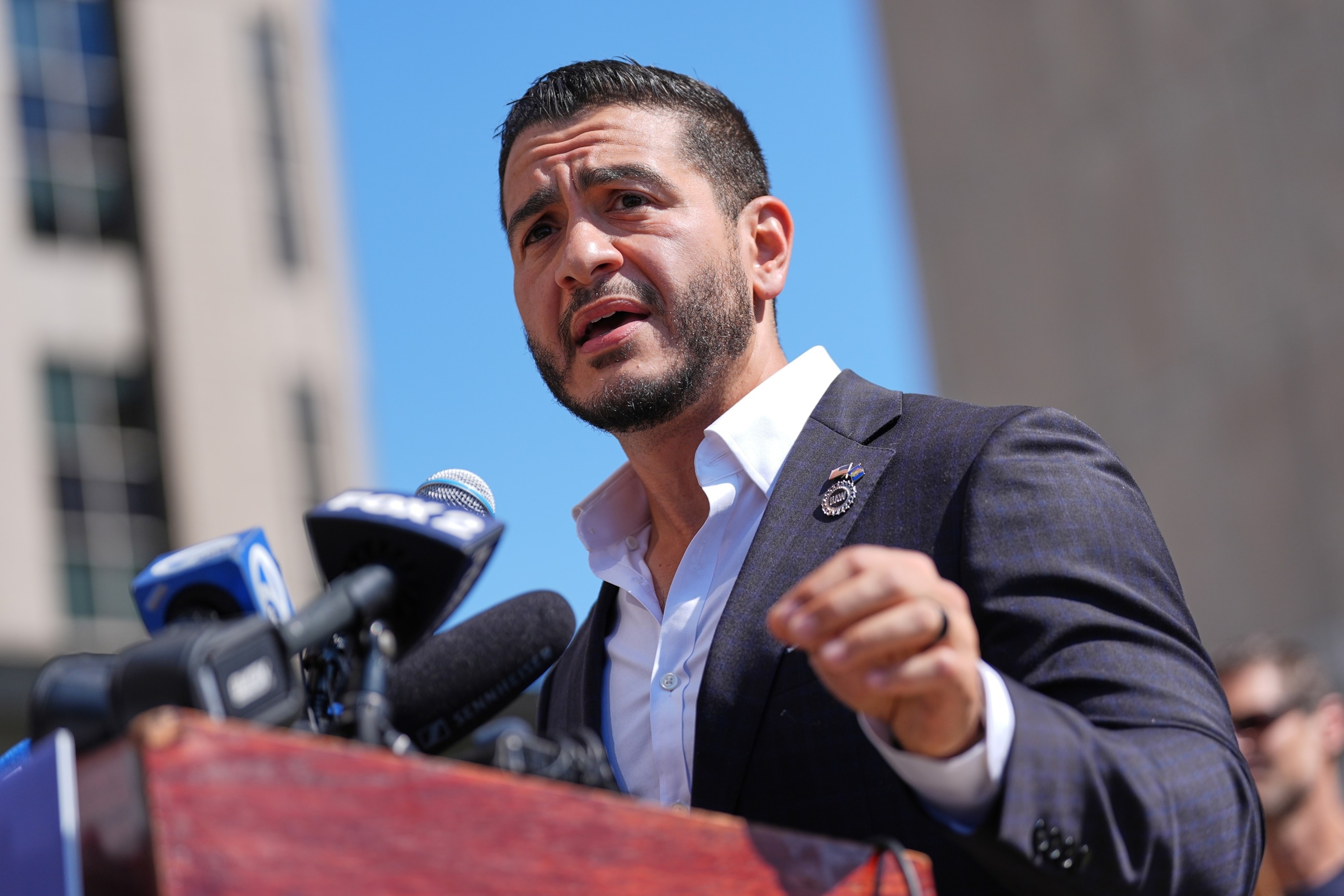 Abdul El-Sayed speaks during a news conference at the Spirit of Detroit shortly after winning the Democratic nomination for U.S. Senate in Michigan, Aug. 5, 2026, in Detroit.Julia Demaree Nikhinson/AP Photo