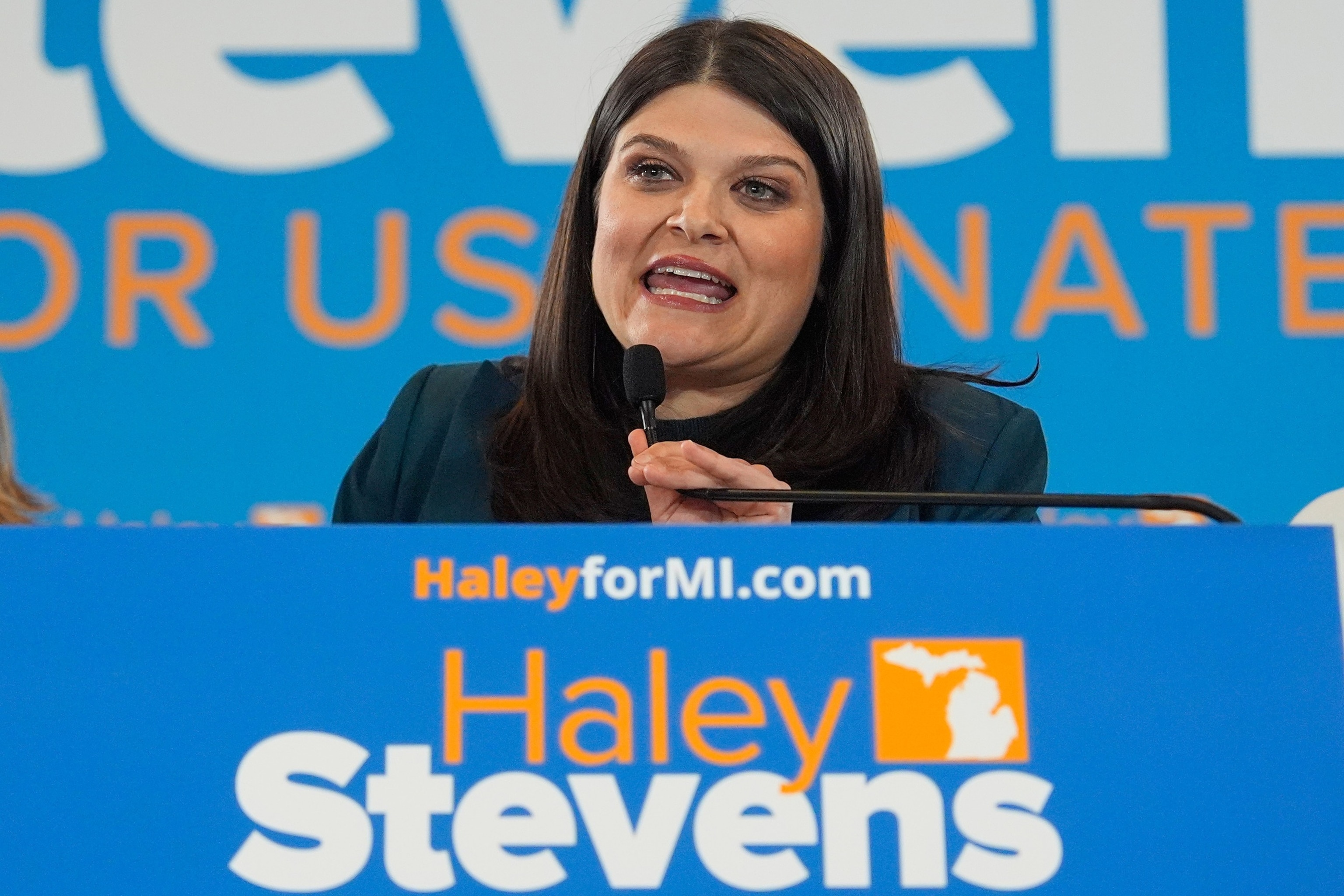 Rep. Haley Stevens, a candidate in the Democratic primary for U.S. Senate in Michigan speaks to supporters on election night, Aug. 4, 2026, in Detroit.Paul Sancya/AP Photo