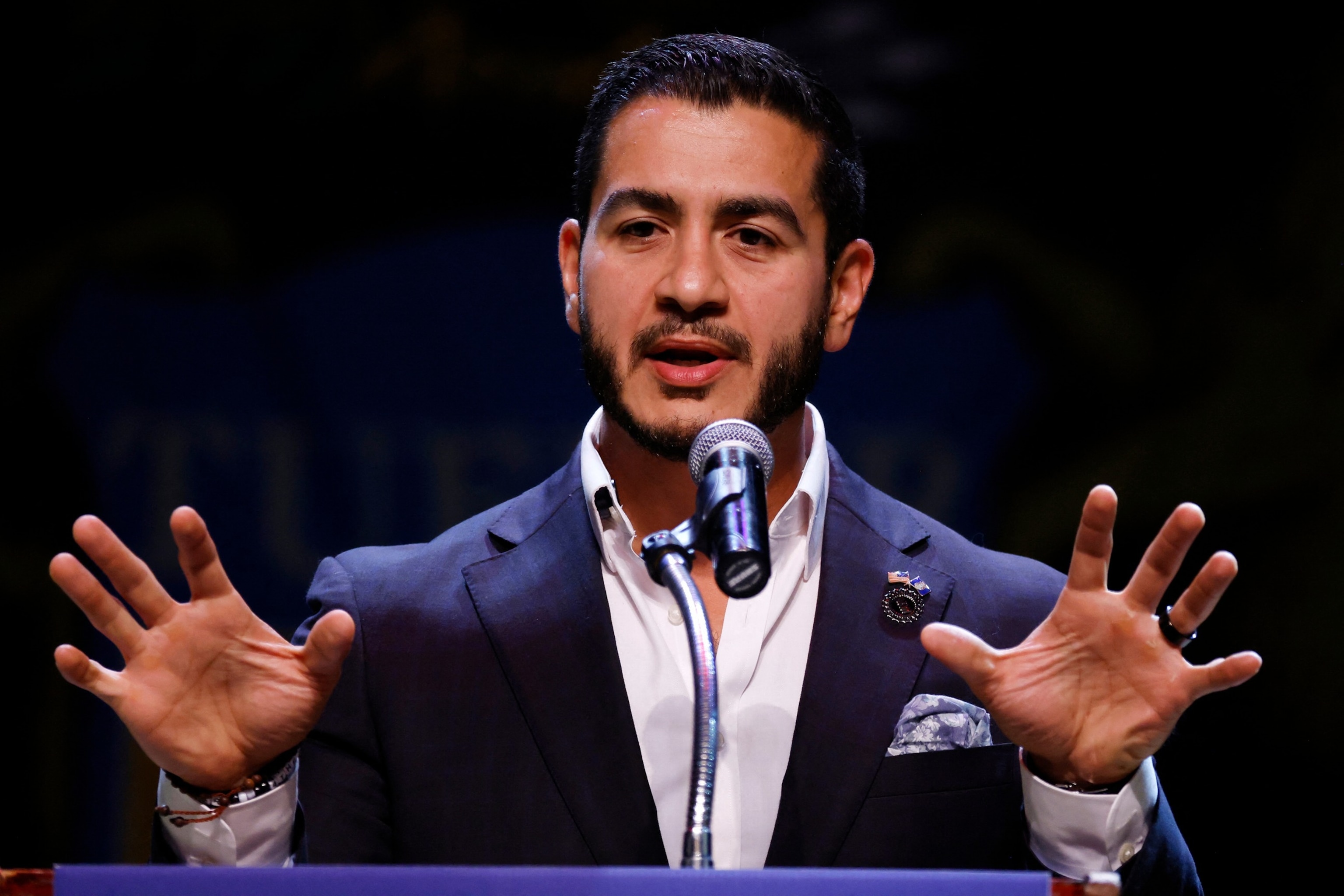 Abdul El-Sayed, a progressive candidate in the Democratic primary for U.S. Senate in Michigan, speaks during a primary election night event Aug. 5, 2026, in Detroit.Jeff Kowalsky/AFP via Getty Images
