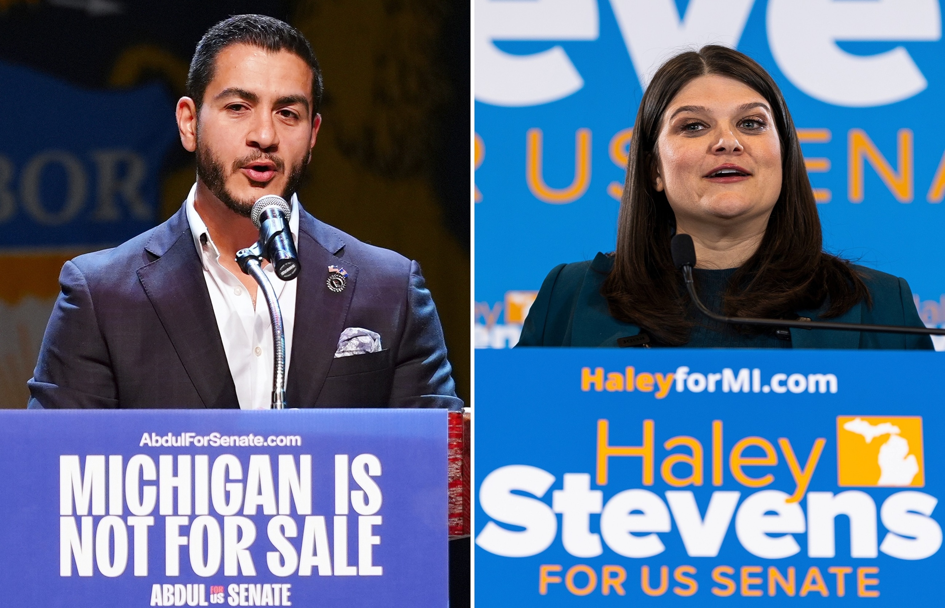 Abdul El-Sayed speaks during a primary election night event Aug. 5, 2026, in Detroit as opponent, Rep. Haley Stevens speaks during her primary night event, Aug. 4, 2026, in Detroit.AP Photo/Getty Images