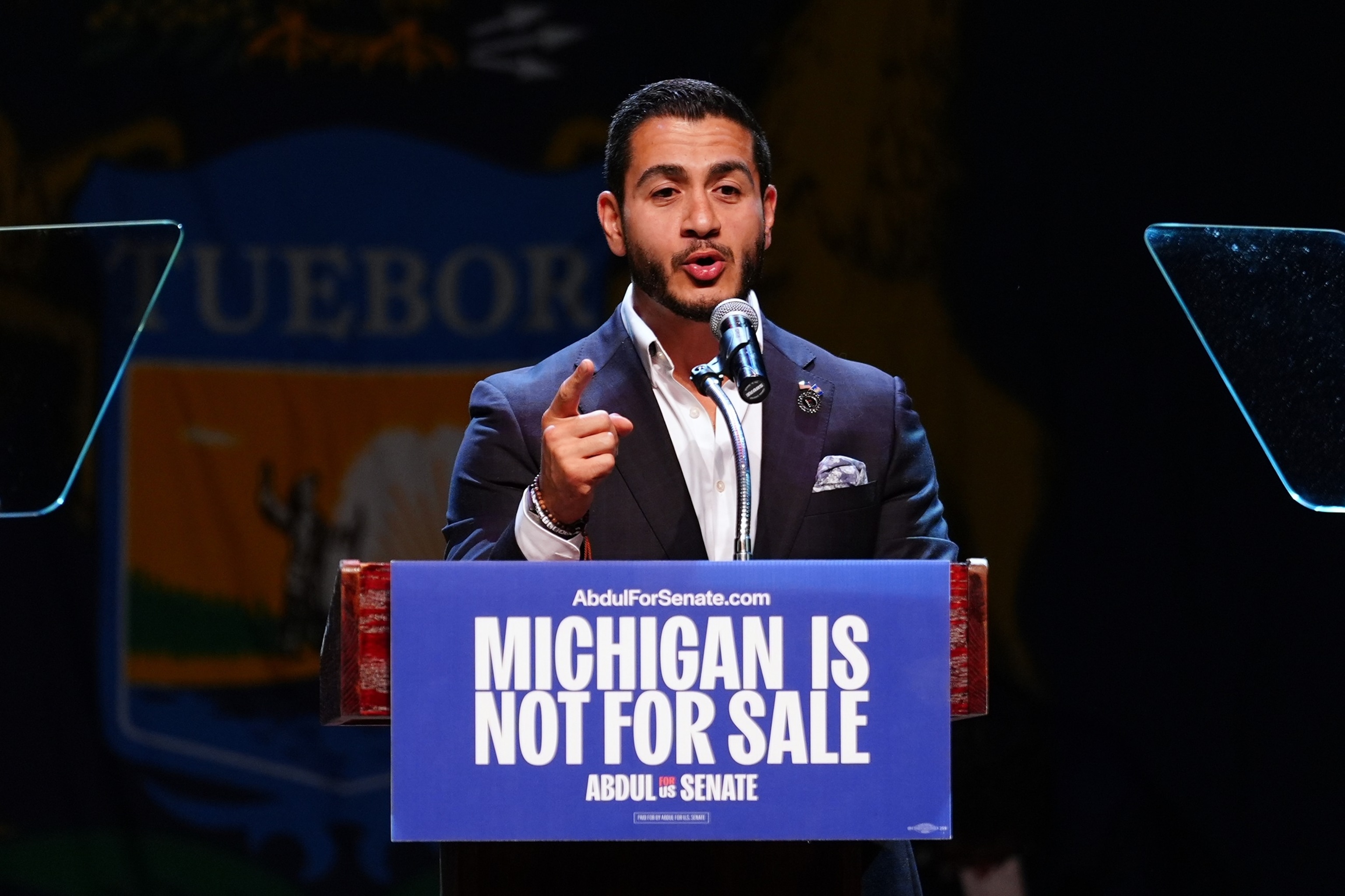 Abdul El-Sayed, a progressive candidate in the Democratic primary for U.S. Senate in Michigan, speaks during a primary election night event Aug. 5, 2026, in Detroit.Julia Demaree Nikhinson/AP Photo