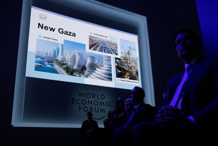 Donald Trump’s original grandiose vision of a reconstructed Gaza is displayed by the president at the World Economic Forum meeting at Davos on 22 January.