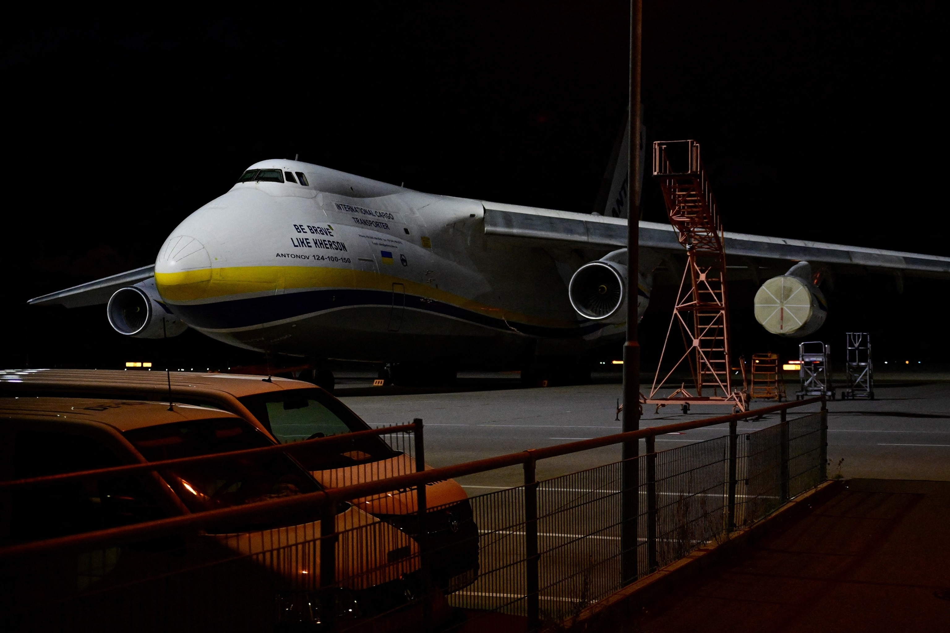 An Ukrainian "Antonov" cargo plane is pictured on August 5, 2026 at the German airport Leipzig-Halle in Schkeuditz, eastern Germany, after an explosives-laden drone was found there the night before.John Macdougall/AFP via Getty Images