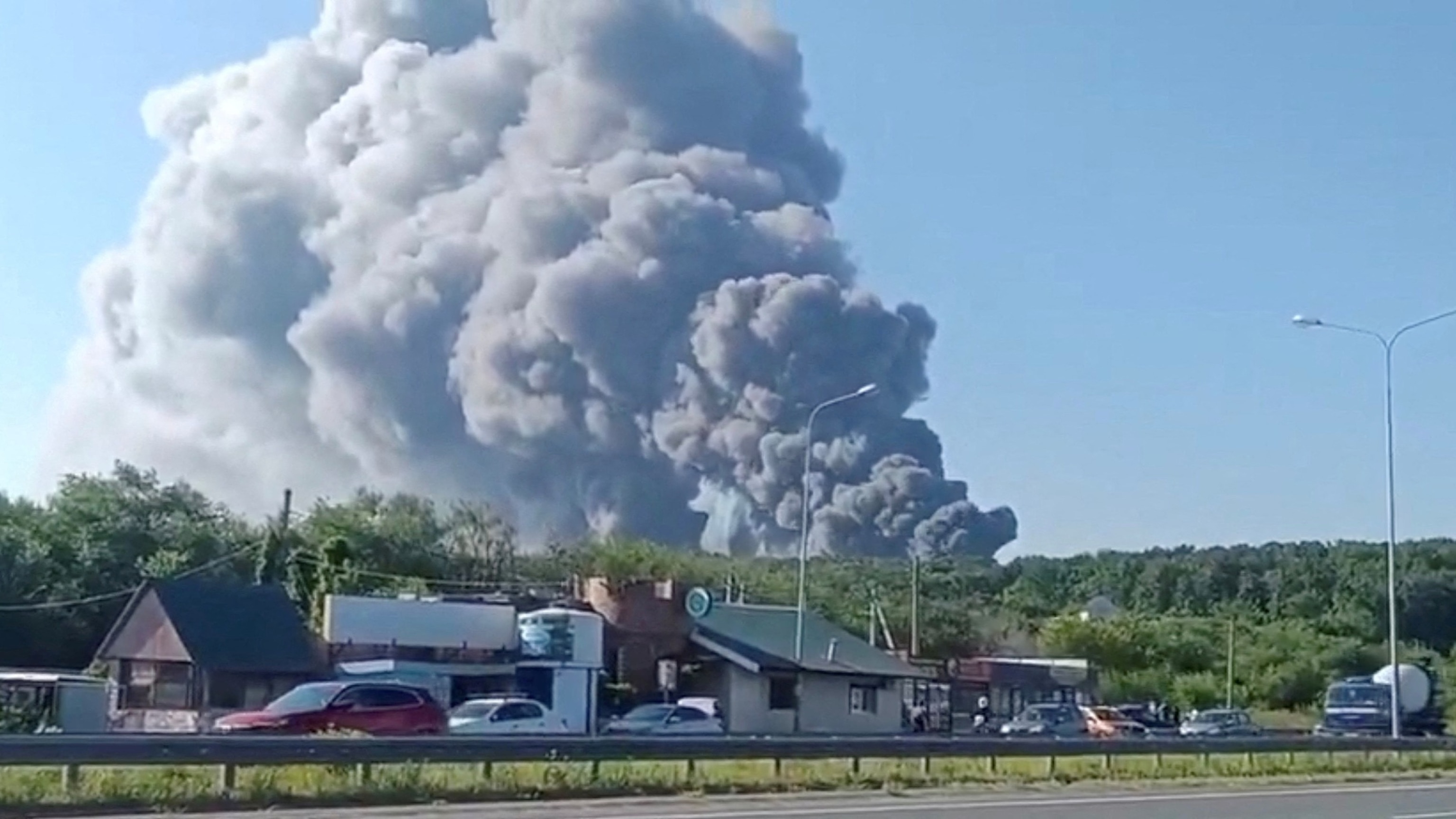 Smoke rises after a Ukrainian drone attack on a Wildberries warehouse, in Novosemeykino, Samara region, Russia, on Aug. 2, 2026, in this still image obtained from a video.Social Media/via Reuters
