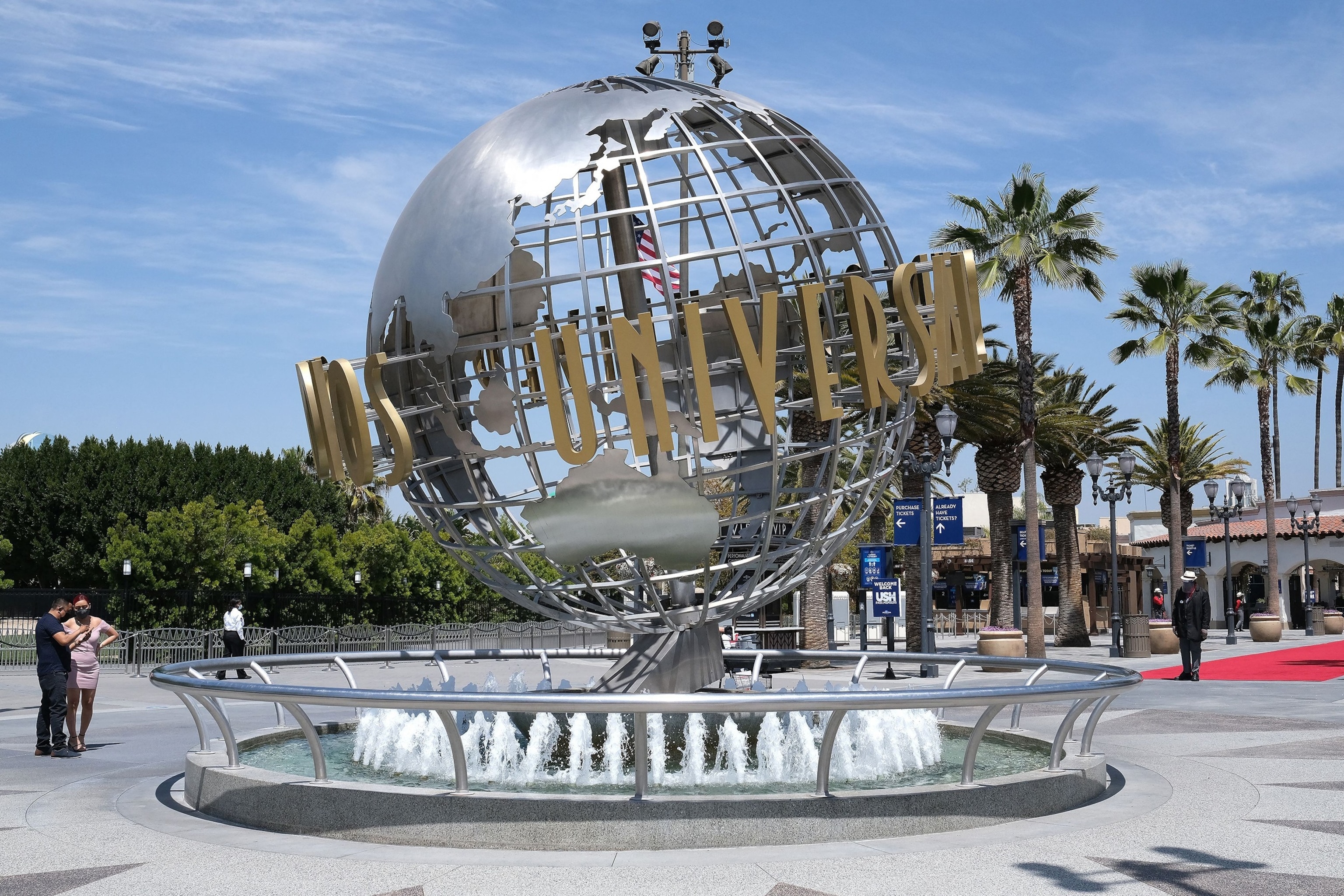 The Universal Studios globe fountain in Los Angeles, California, on April 15, 2021.Lisa O'connor/AFP via Getty Images