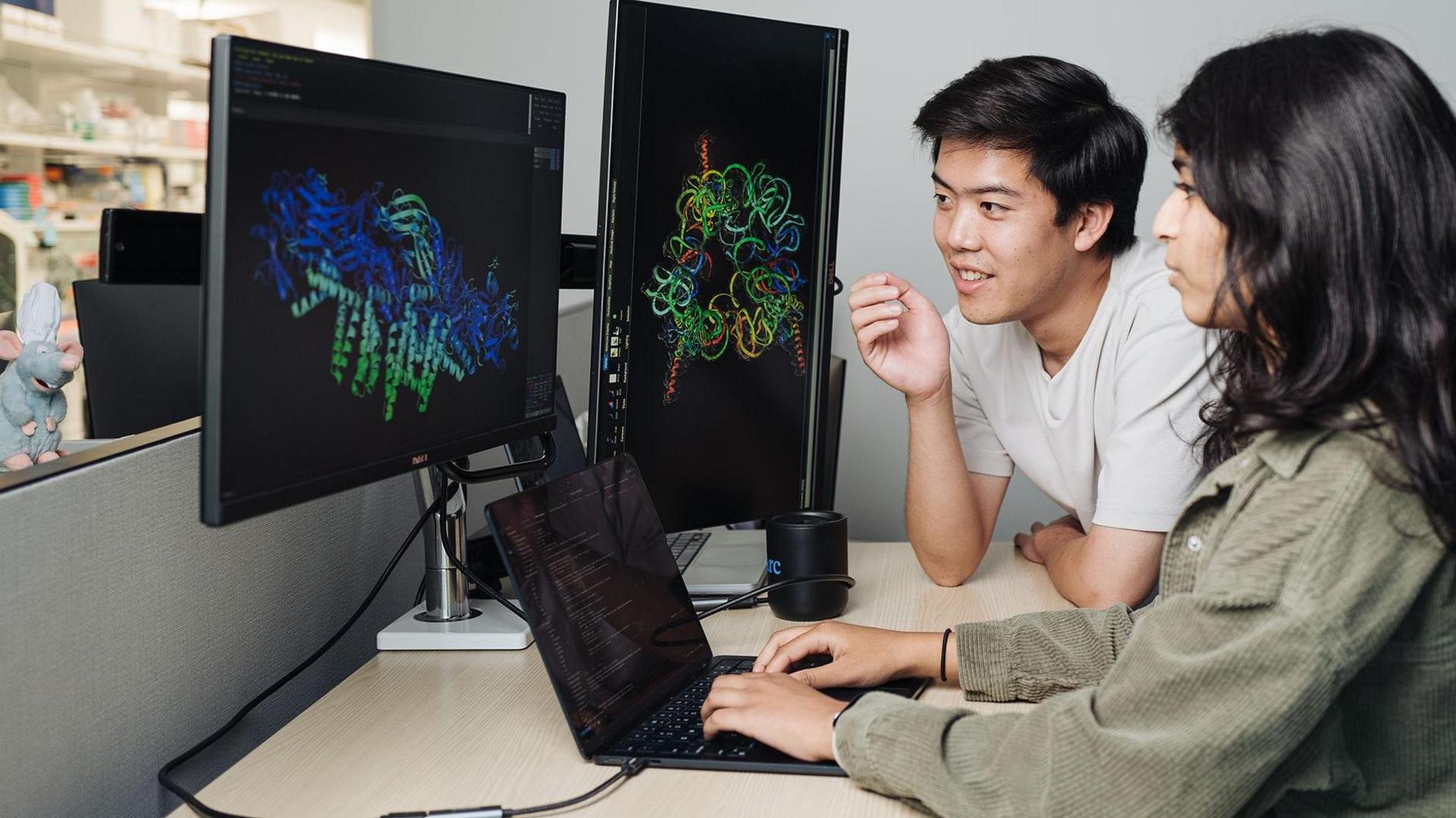 Image caption,Assistant professor Brian Hie, pictured on left with a colleague, said of his work "This was new territory for us".
