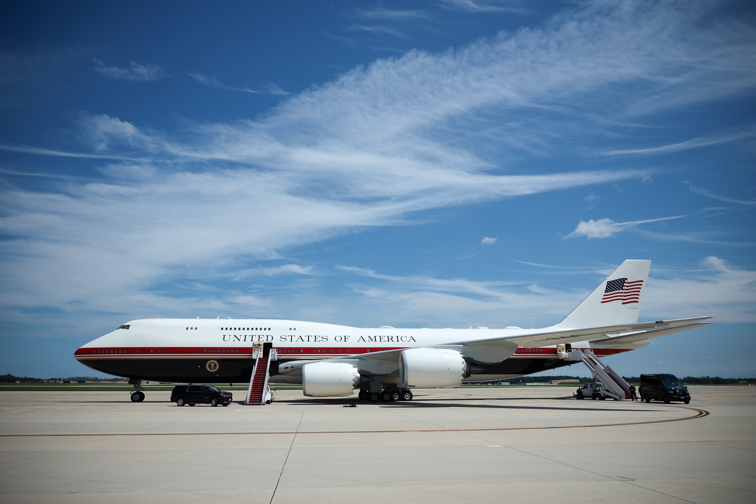 VC-25B Bridge, an interim Air Force One presidential aircraft, stands ready on the tarmac on August 04, 2026 in Joint Base Andrews, Maryland. U.S. President Donald Trump is traveling to Los Angeles to attend a fund raising event and onto Las Vegas for a rally on Wednesday. The "bridge" aircraft, a $400 million gift from Qatar, is a modified Boeing 747-8 that bridges the gap until fully customized long-term replacement Air Force One planes are completed.Chip Somodevilla/Getty Images