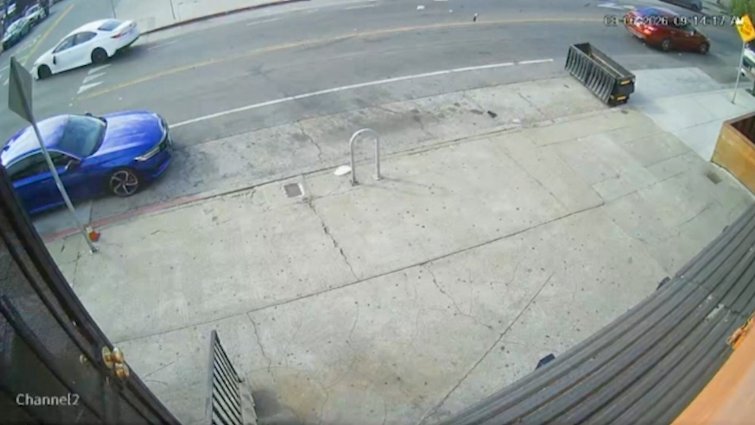 A still from video showing a white vehicle that police say struck a pedestrian in Oakland, California, Aug. 6, 2026.KGO