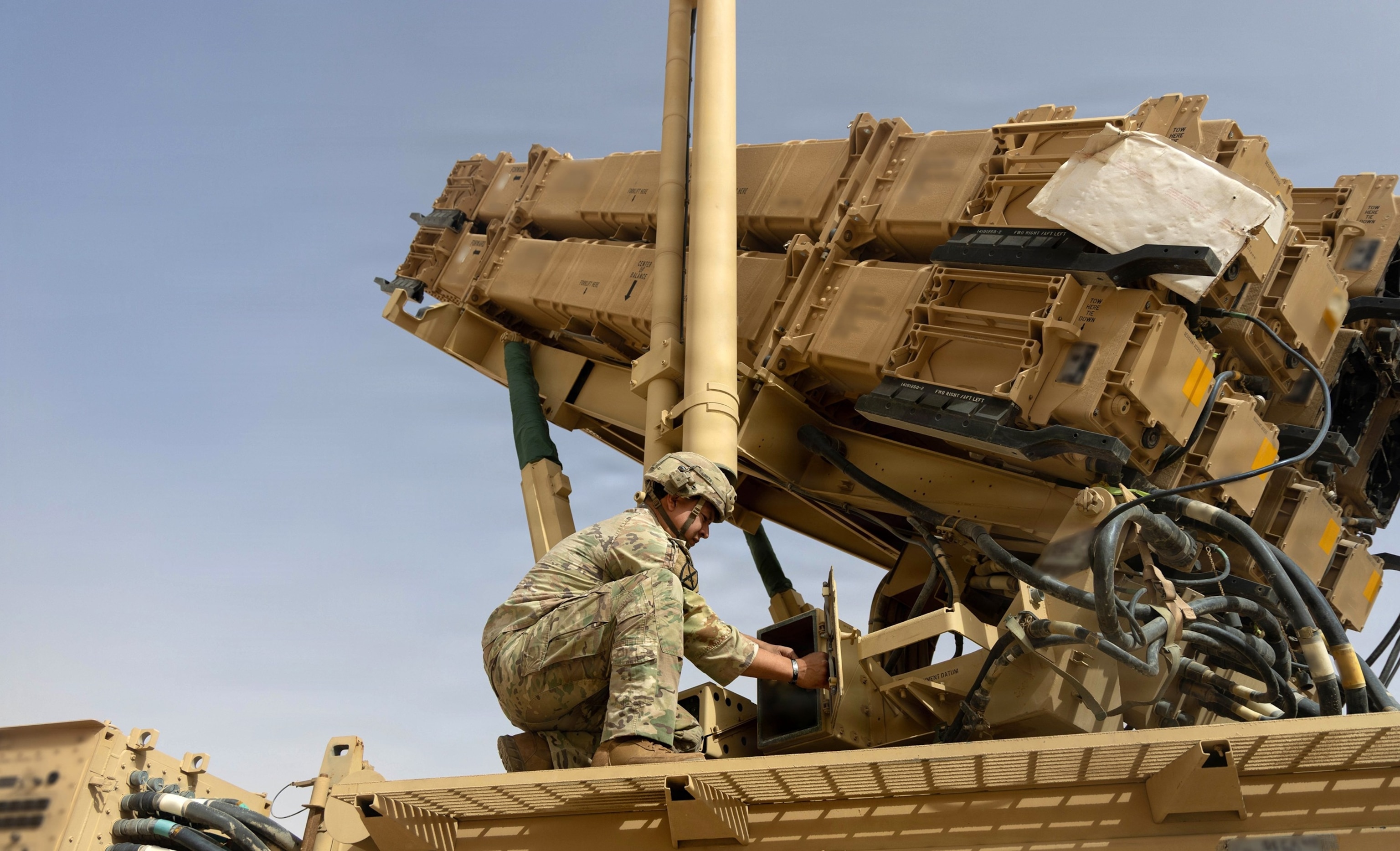 A U.S. Army air defense artilleryman conducts maintenance on an MIM-104 Patriot missile system in the Middle East, on June 1, 2026.U.S. Army Central