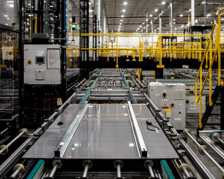 Solar panels advance toward final testing at a First Solar manufacturing facility in Perrysburg, Ohio, US.Photograph: Emily Elconin/Bloomberg via Getty Images