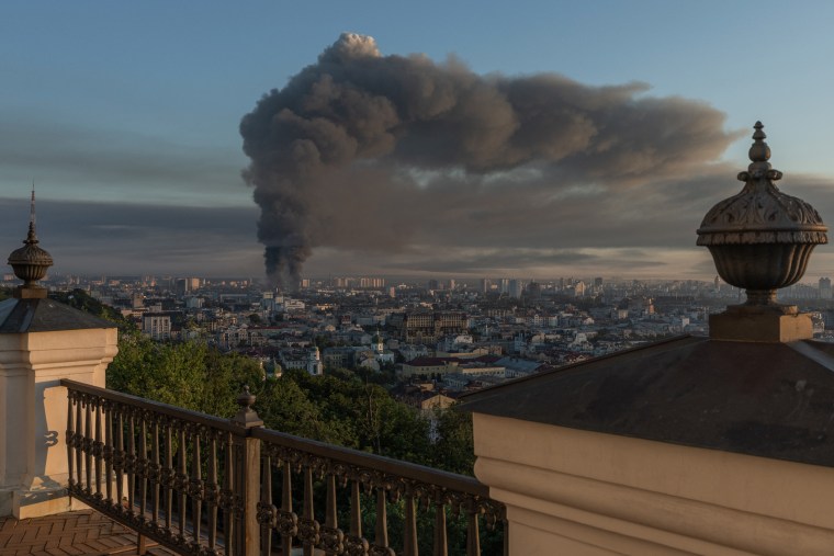 Smoke rises over the city following a Russian air attack on Kyiv in July.Roman Pilipey / AFP via Getty Images file