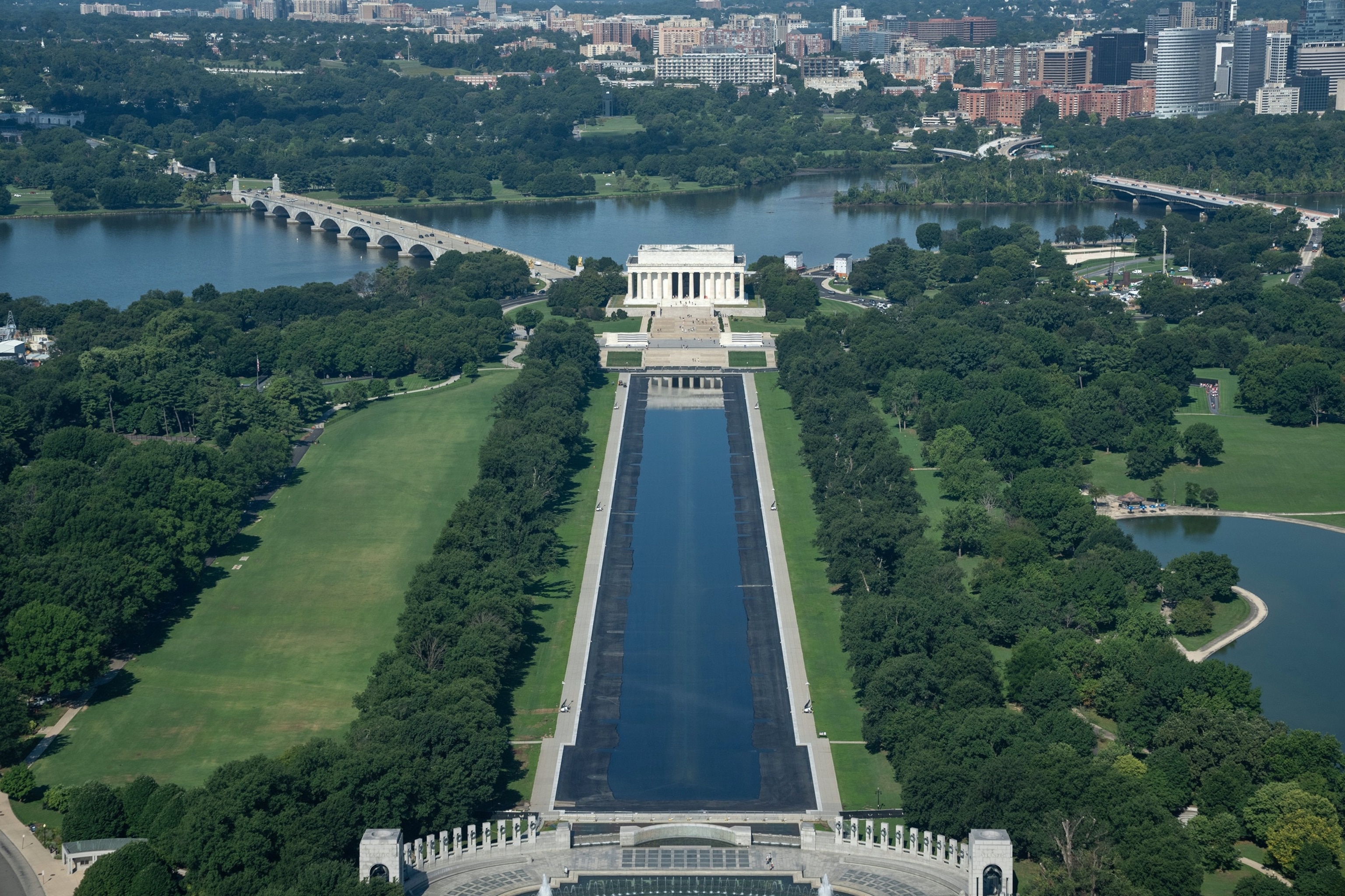 Water begins to refill the Lincoln Memorial Reflecting Pool, Friday, Aug. 7, 2026, in Washington.Allison Robbert/AP Photo