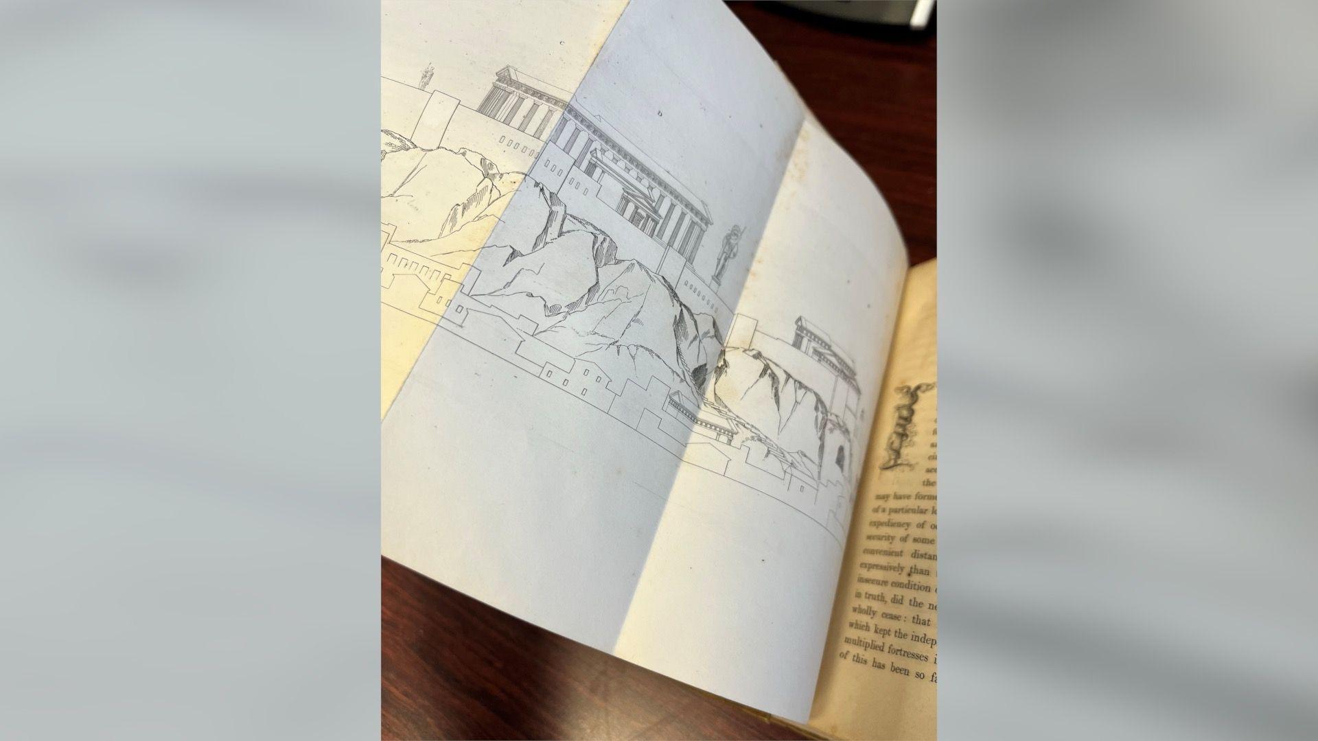 Image caption,The book, published in 1858, features Greek monument illustrations that fold out