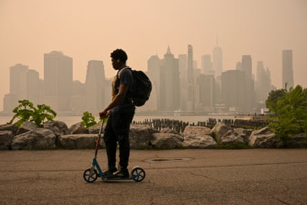 A view of Manhattan, New York from Brooklyn Bridge park as wildfire smoke from Canada causes smoggy conditions last month.Photograph: Angela Weiss/AFP/Getty Images