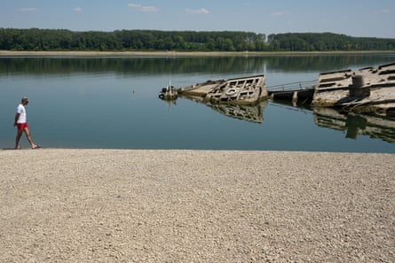 The wreckage of a second world war German warship near Prahovo, Serbia on Tuesday.Photograph: Darko Vojinović/AP
