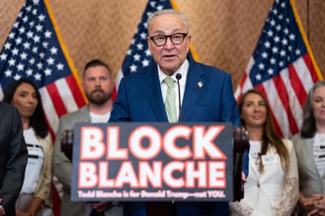 Chuck Schumer speaking at a press conference with Jeffrey Epstein Survivors in the Capitol Building on 15 July 2026 in Washington DC.Photograph: Aaron Schwartz/Getty Images