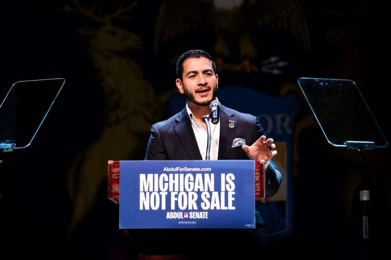 Abdul El-Sayed during a primary election-night watch party at the Majestic Theatre in Detroit on Aug. 5.Sarah Rice / Bloomberg via Getty Images
