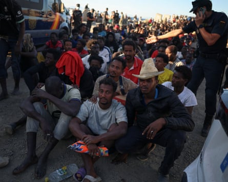 Migrants who crossed into the Spanish enclave of Ceuta in north Africa last month.Photograph: Pedro Nunes/Reuters