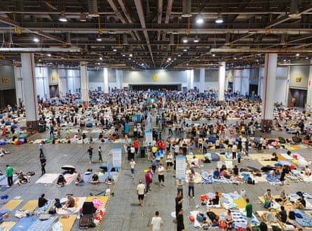 A temporary shelter in Hangzhou, where thousands of people were evacuated because of Typhoon Dolphin.Photograph: VCG/Getty Images