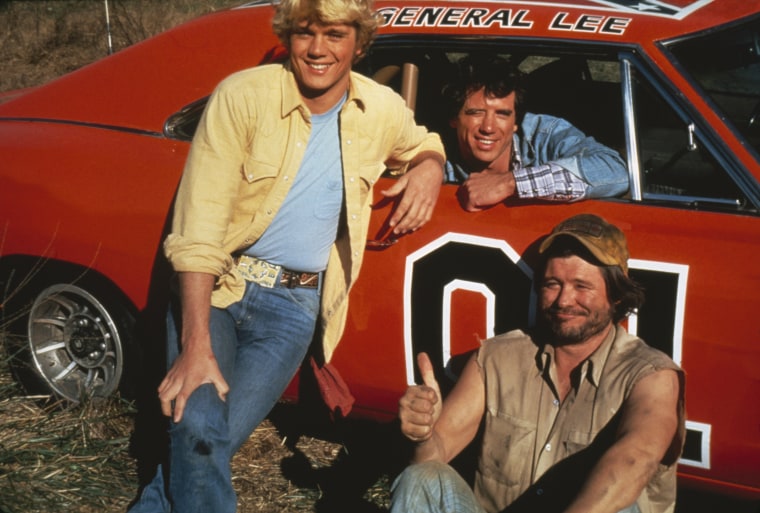 From left, actors John Schneider, Tom Wopat and Jones in 'The Dukes of Hazzard" TV series  in 1983.Fotos International / Hulton Archive via Getty Images
