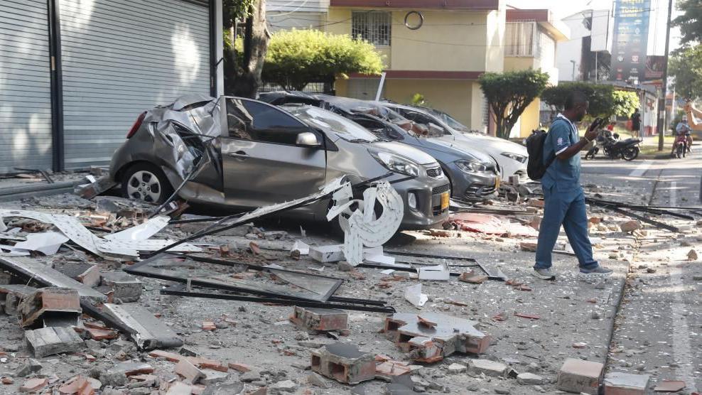 Image caption,In Cali, Colombia's third most populous city, buildings collapsed