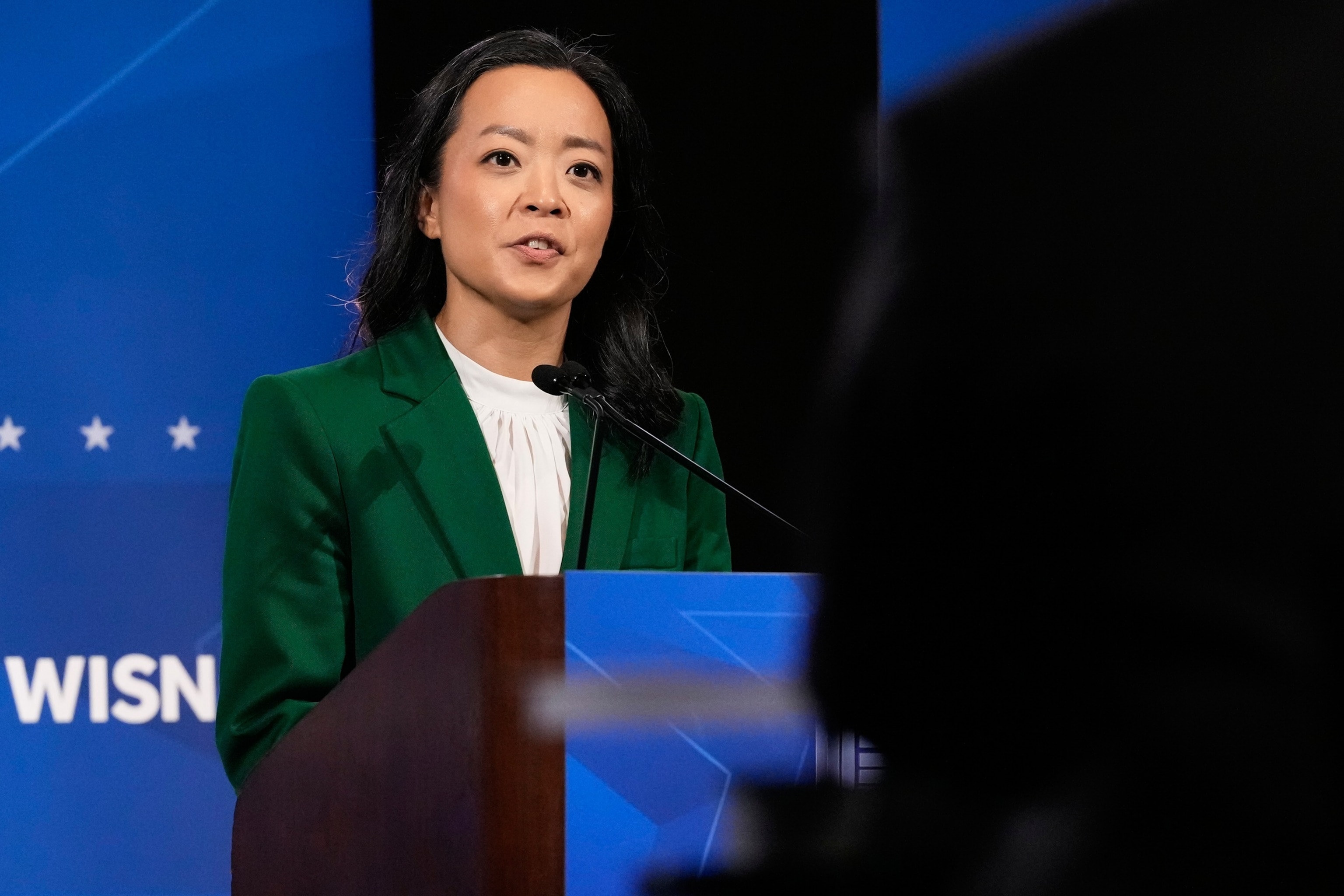 Democratic gubernatorial candidate Francesca Hong talks during a primary debate in Milwaukee, July 28, 2026.Nam Y. Huh/AP