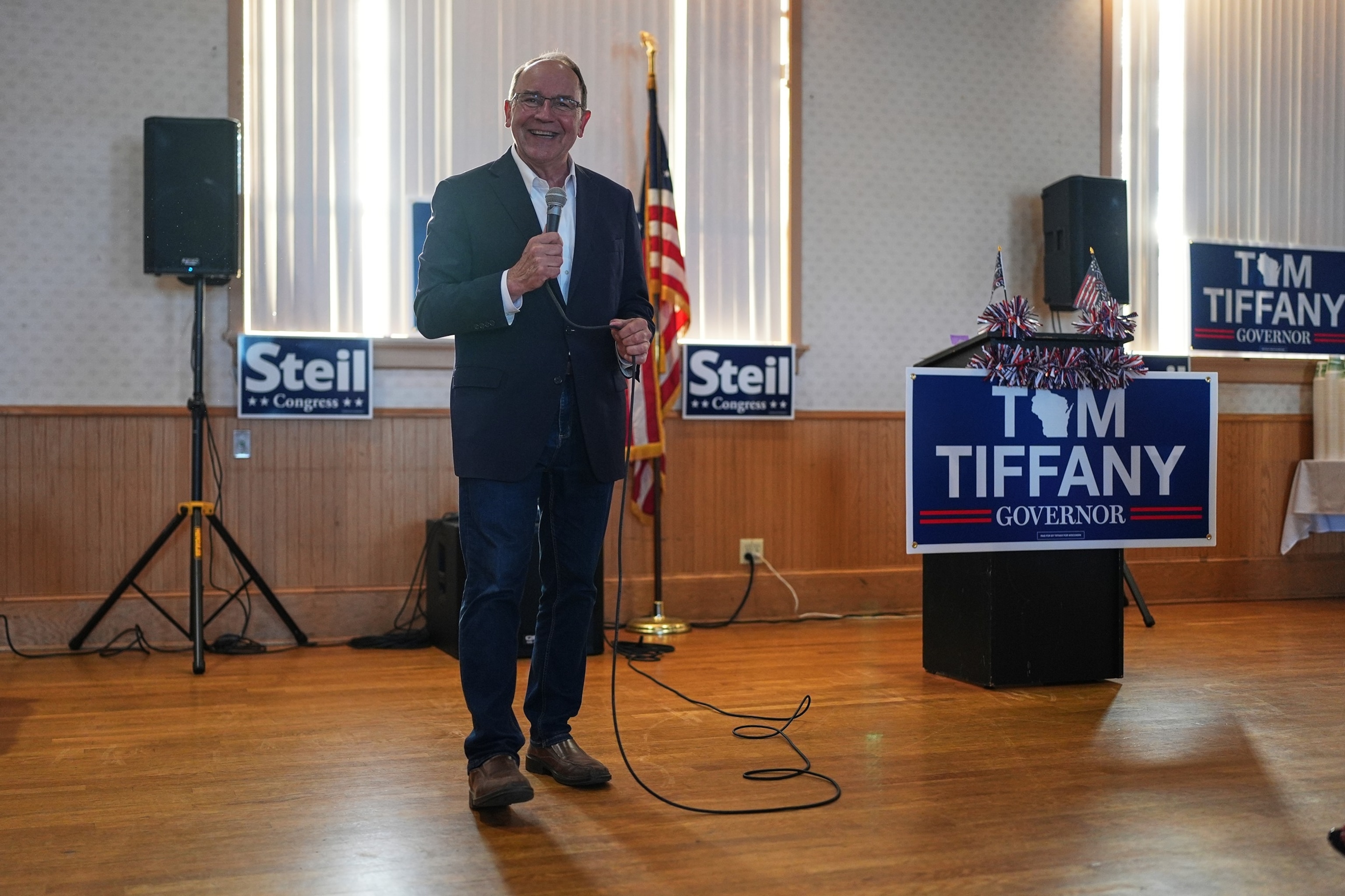 Republican gubernatorial candidate Tom Tiffany talks to supporters during a campaign event, July 29, 2026, in Kenosha, Wis.Nam Y. Huh/AP