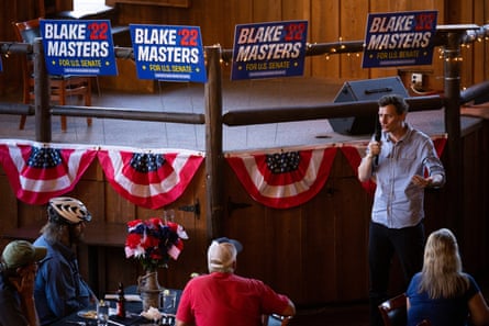 Blake Masters speaks during his town hall event at Miss Kittys Steak House in Williams, Arizona, on 6 July 2022.Photograph: Bill Clark/CQ-Roll Call, Inc/Getty Images