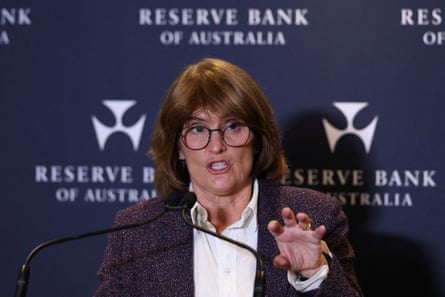 The RBA’s governor Michele Bullock speaks during a press conference in Sydney.Photograph: Hollie Adams/Reuters