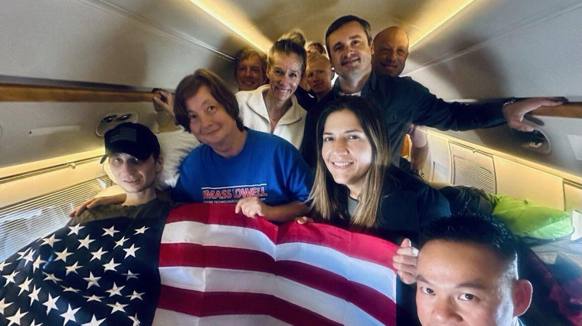 Image caption,Robert Gilman on his flight home from Russia to the US