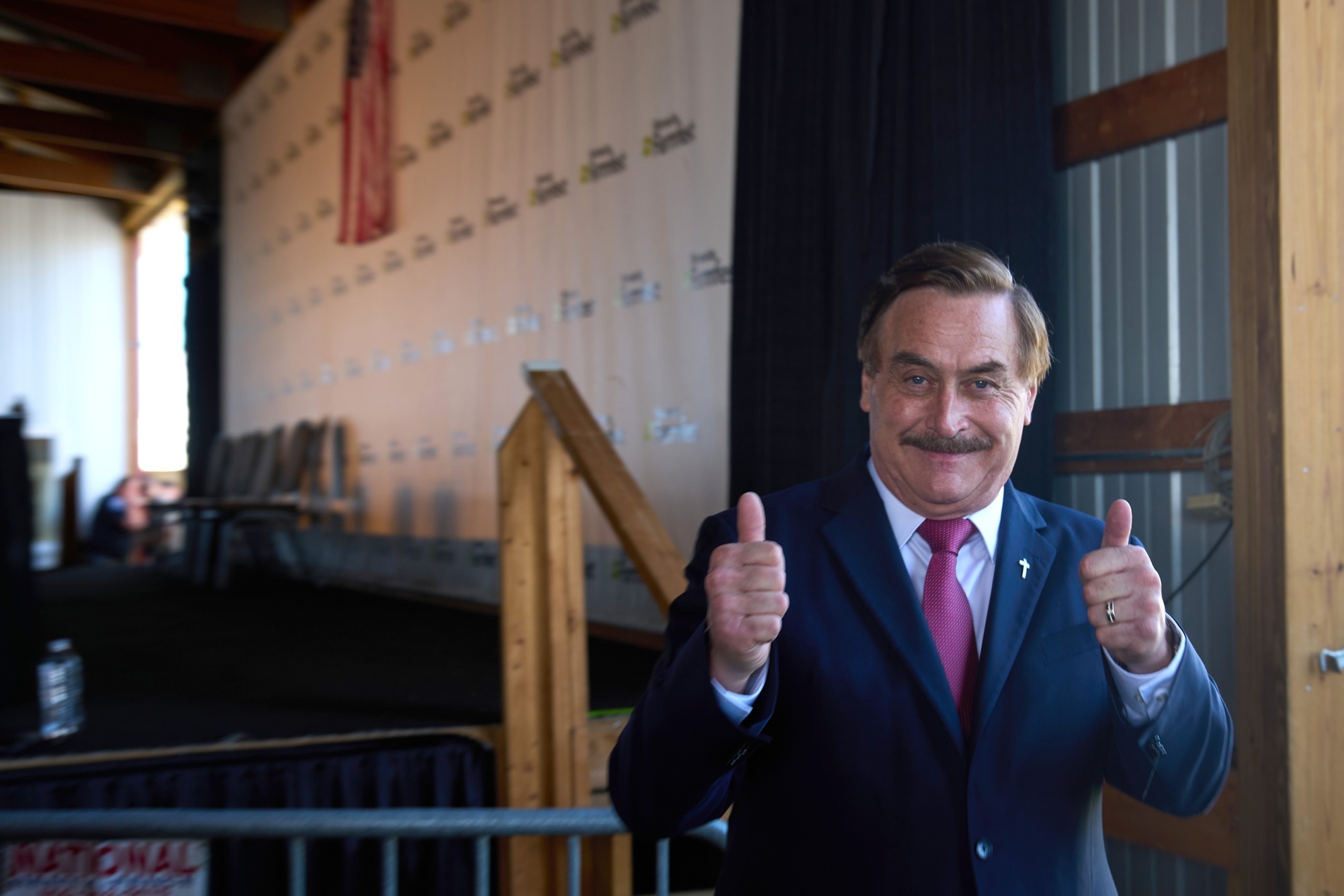 Mike Lindell, a Republican candidate for Minnesota governor, flashes two thumbs up as he arrives to take part in a Minnesota Governor Candidate Forum in Morgan, Minn., Aug. 5, 2026.Ellen Schmidt/AP Photo