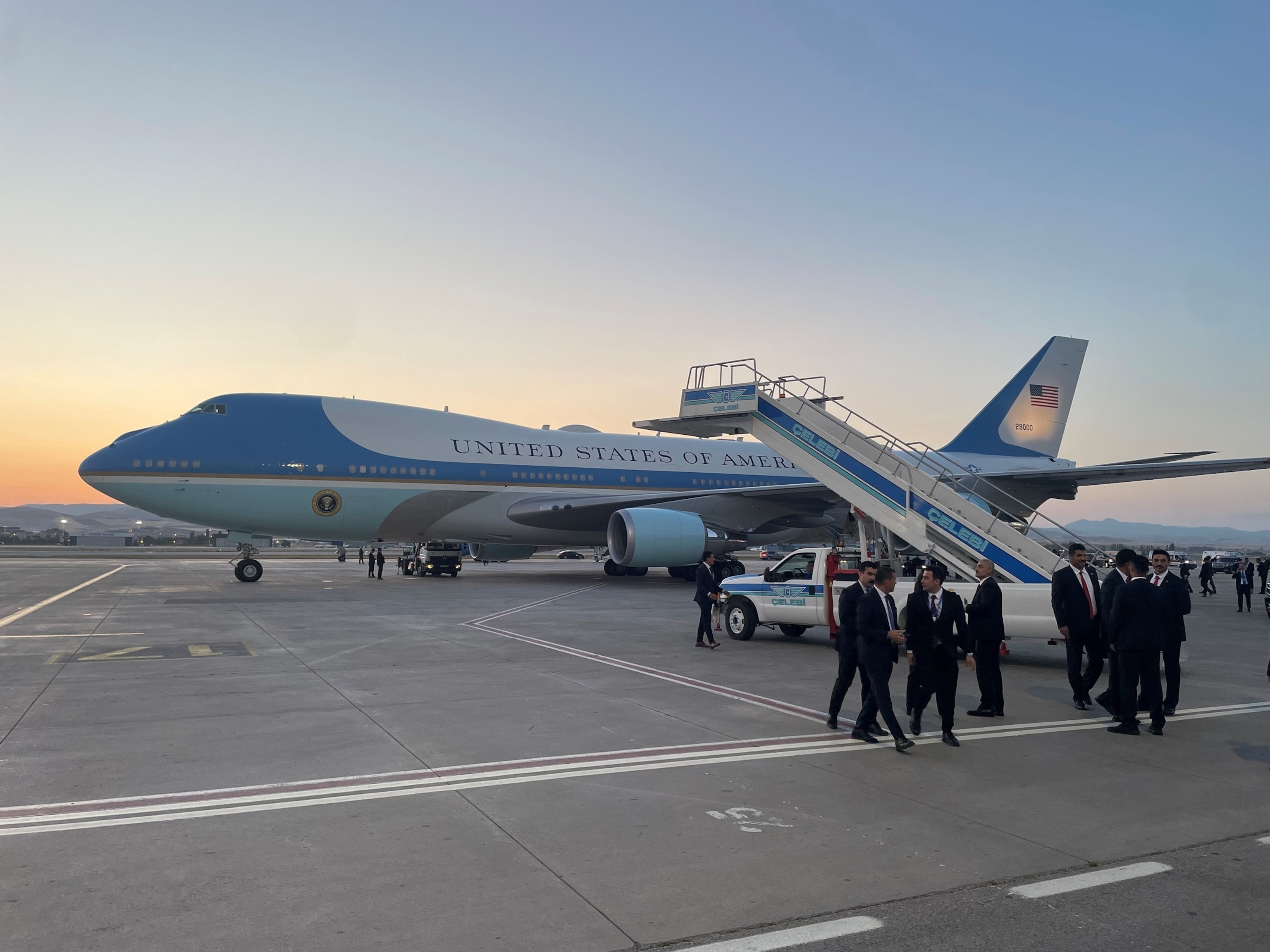 A catering truck can be seen on the tarmac prior to departure of President Donald Trump from Ankara Esenboga Airport in Ankara, Turkey, on July 8, 2026, after attending the NATO Summit.Nicky de Blois/ABC News