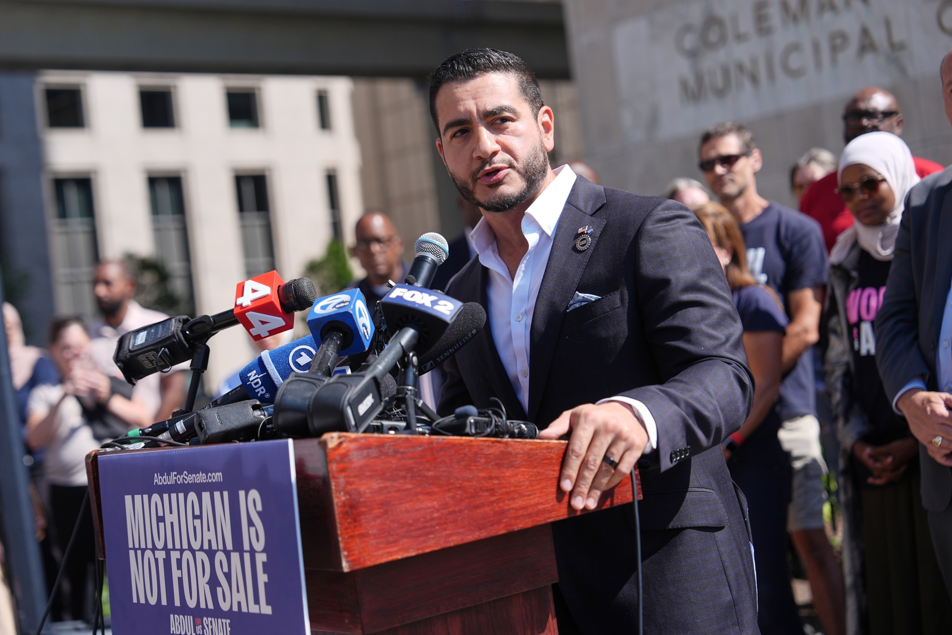 Abdul El-Sayed speaks during a news conference at the Spirit of Detroit shortly after winning the Democratic nomination for U.S. Senate in Michigan, Aug. 5, 2026, in Detroit.Julia Demaree Nikhinson/AP Photo