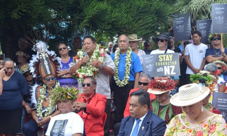 Leader of the Cook Islands United party, Teariki Heather, speaks to protesters at a rally in 2025.Photograph: MELINA ETCHES/Cook Islands News