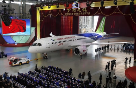 China’s C919, its first self-developed large passenger jetliner, is unveiled in Shanghai in November 2015.Photograph: ChinaFotoPress/Getty Images