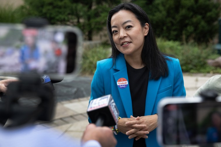 Francesca Hong after voting in the primary election on Tuesday, in Madison, Wis.Scott Olson / Getty Images