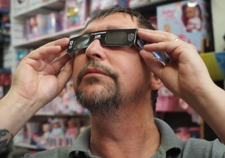 Jim Diment, assistant manager of Howleys toy shop in Weymouth, models the safety eyewear.Photograph: Geoff Moore/Shutterstock