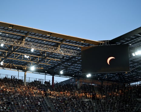 General view inside the stadium as the LED board shows the Solar eclipse prior to the UEFA Super Cup 2026 match between Paris Saint-Germain and Aston Villa at Stadion Salzburg in Austria.Photograph: Sebastian Widmann/UEFA/Getty Images