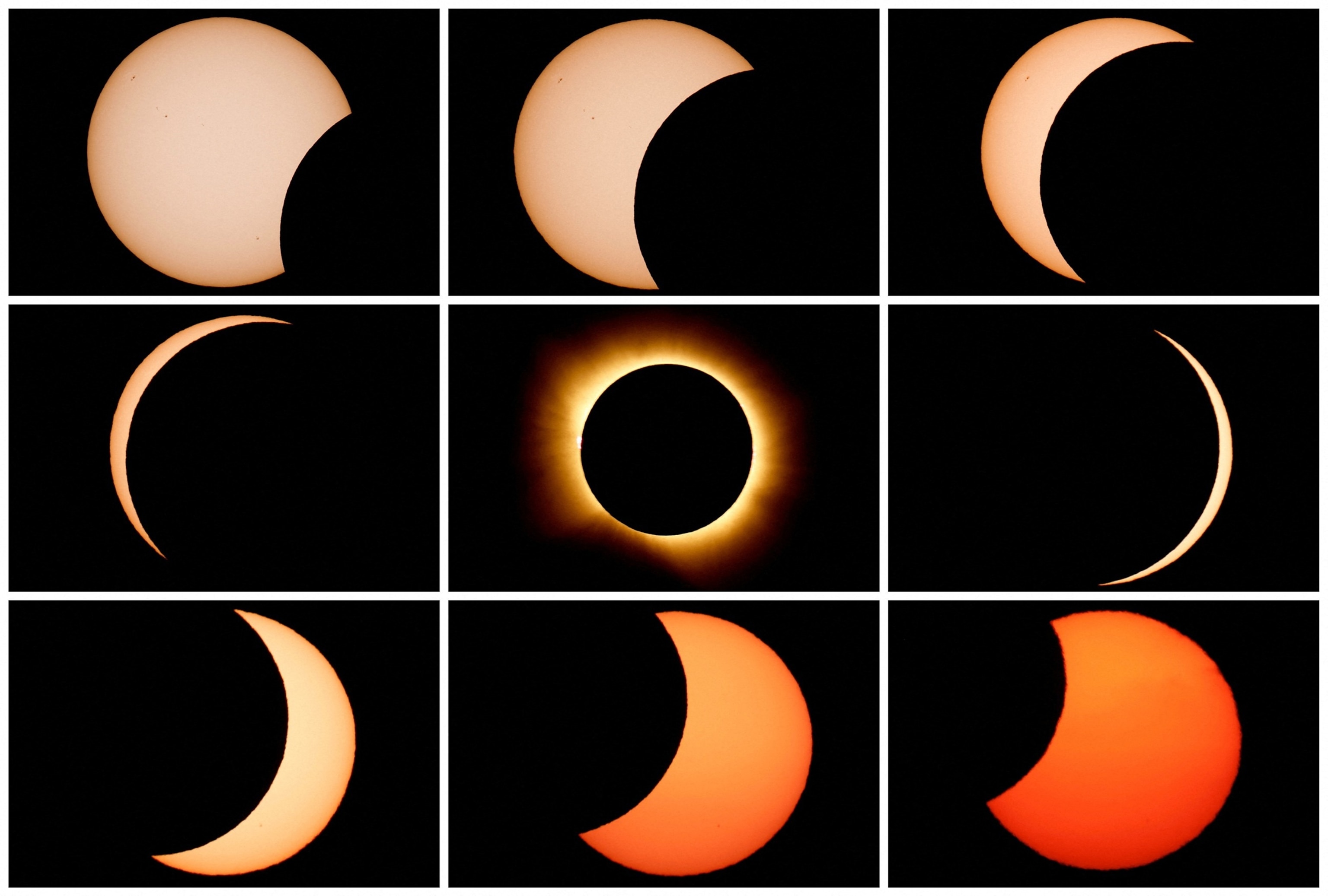 A combination picture shows different stages of a total solar eclipse, as seen from Arija, Spain, August 12, 2026.Borja Suarez/Reuters