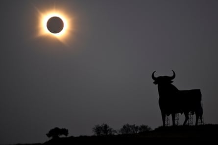 The sun’s corona glows as the moon completely blocks the sun during the totality phase of the total solar eclipse as seen from San Asensio, La Rioja region, SpainPhotograph: Ander Gillenea/AFP/Getty Images