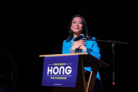 Francesca Hong speaks during a primary election night watch party at Atwood Music Hall in Madison, Wisconsin, on Tuesday.Photograph: Bloomberg/Getty Images