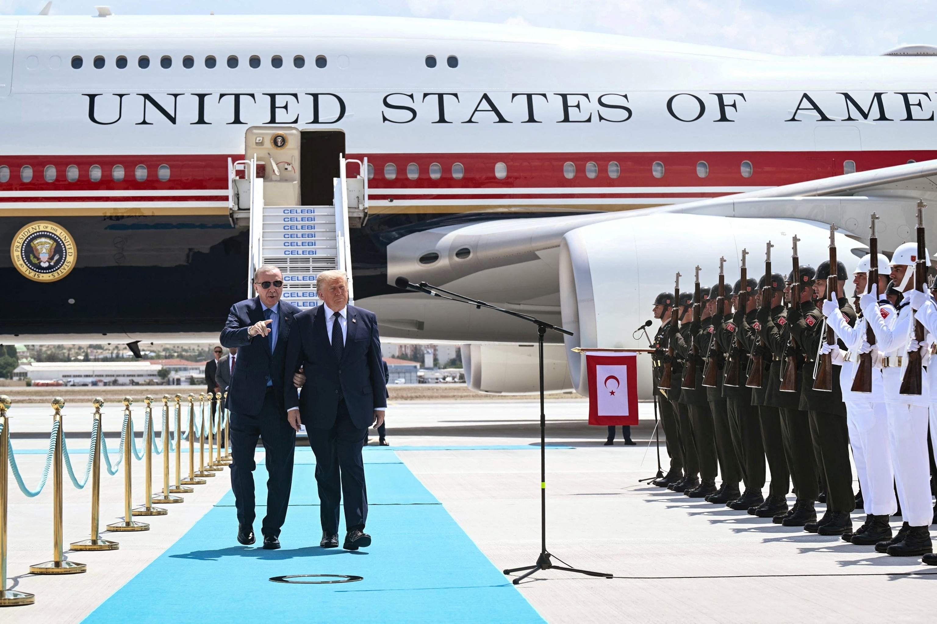 Turkish President Recep Tayyip Erdogan welcomes President Donald Trump upon his arrival on Air Force One at Etimesgut Air Base near Ankara, July 7, 2026.Saul Loeb/AFP via Getty Images