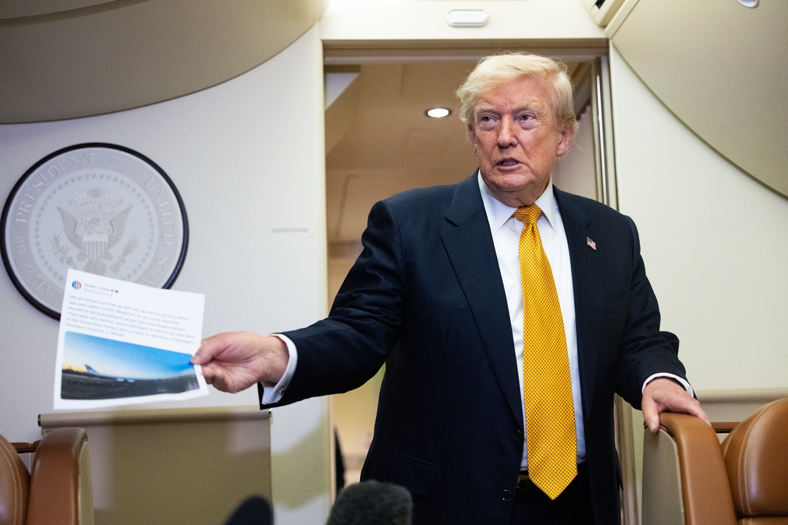 President Donald Trump speaks with the media aboard Air Force One shortly after departure from Mildenhall Air Force Base in the United Kingdom, July 8, 2026.Alex Brandon/AP Photo