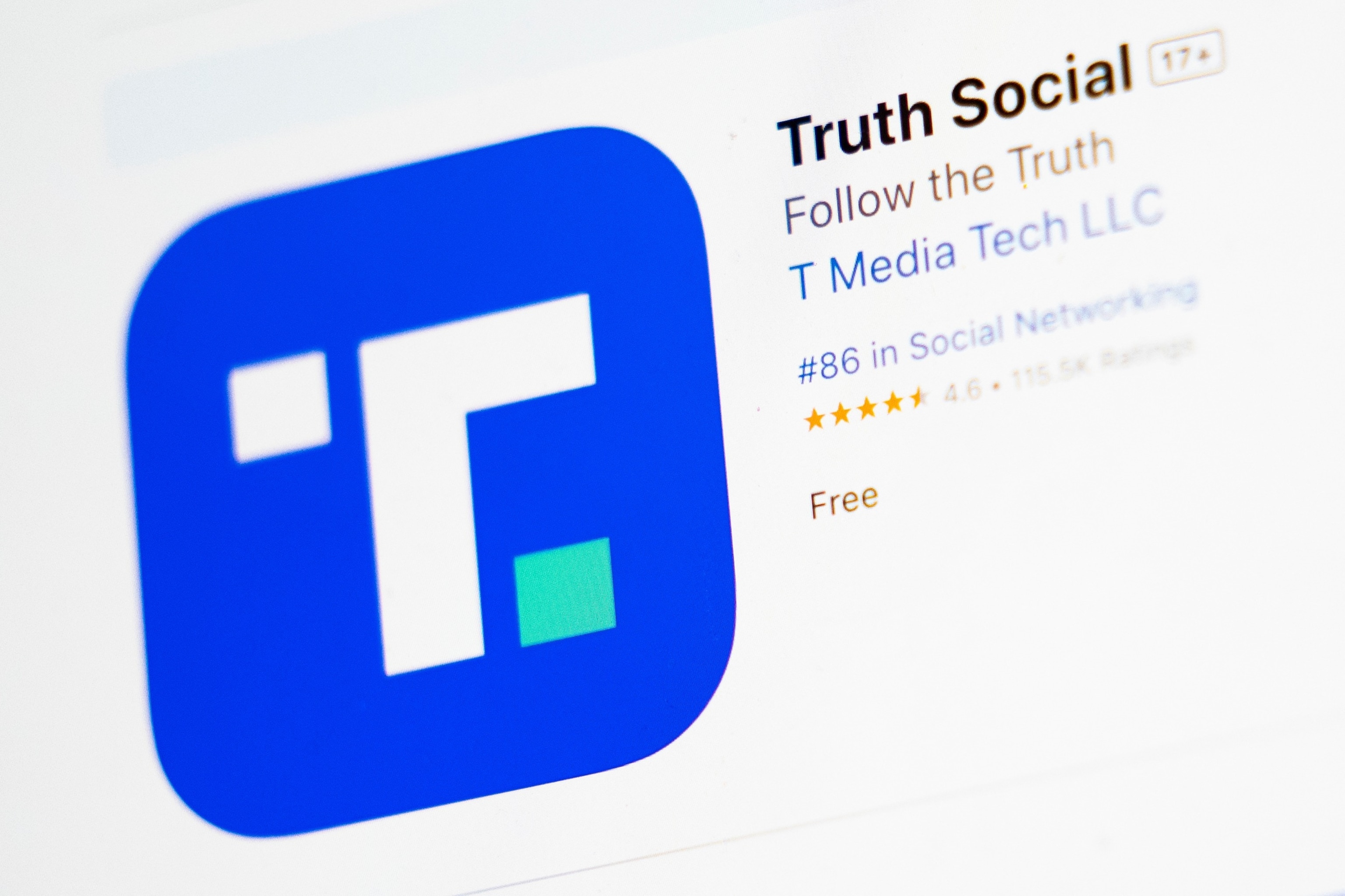 The download screen for the Truth Social app is displayed on a laptop computer, March 20, 2024, in New York.John Minchillo/AP