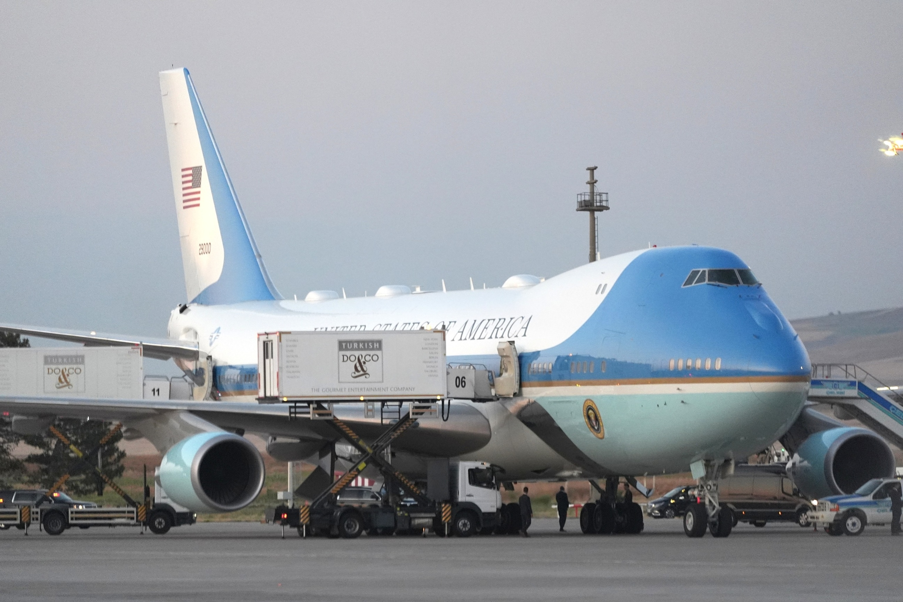 Catering trucks are parked at Air Force One on the tarmac before President Donald Trump departs following the NATO summit at Ankara International Airport in Ankara, Turkey, July 8, 2026.Alex Brandon/AP Photo